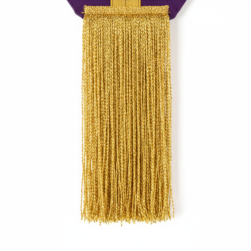 Close-up detail of the clergy stole bottom hem showing metallic gold fringe tassels, macro shot, white background