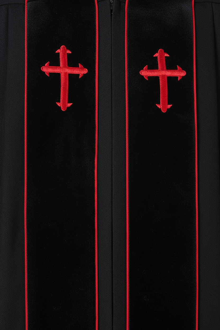 Premium Custom-Embroidered Clergy Robe - Black with Red Trim - Graduation Seller