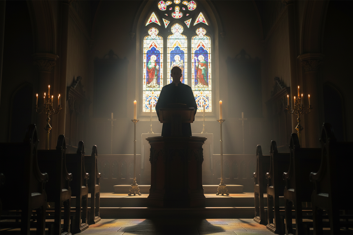 Atmospheric church interior scene with minister wearing black cassock robe at wooden pulpit, candlelight and stained glass window, solemn reverent atmosphere