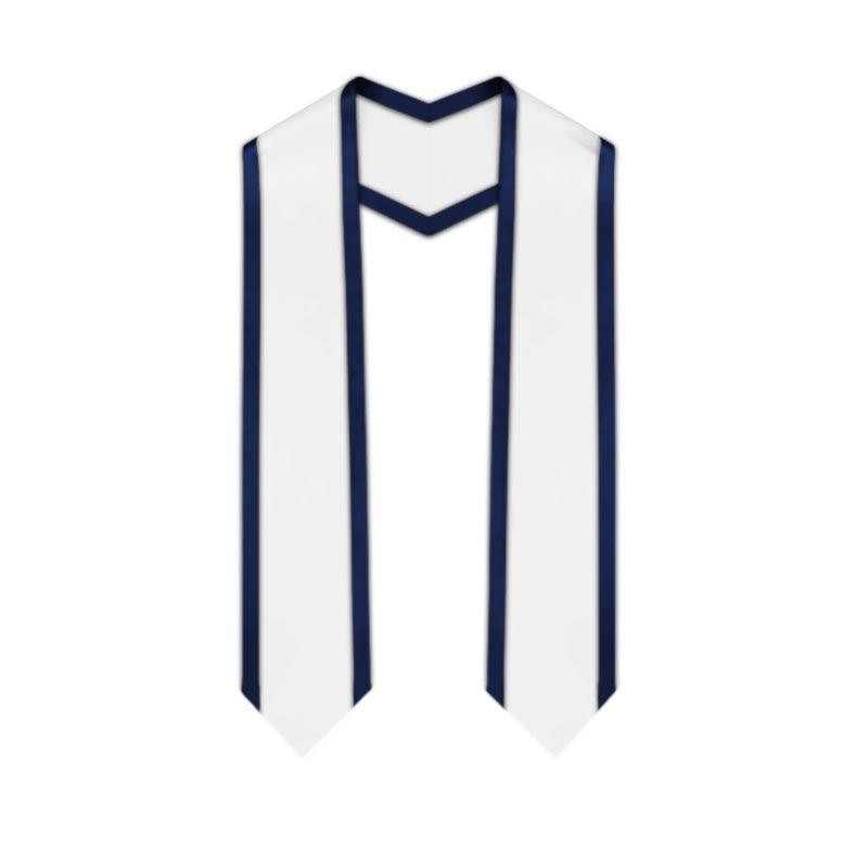 White Pointed Graduation Stole with Navy Blue Trim - Graduation Gown 