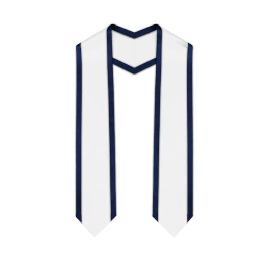 White Pointed Graduation Stole with Navy Blue Trim - Graduation Gown 