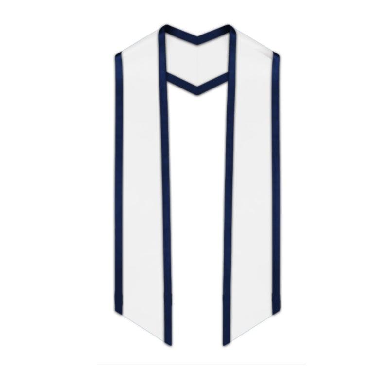 White Slanted Graduation Stole with Navy Blue Trim - Graduation Gown 
