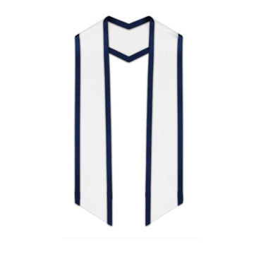 White Slanted Graduation Stole with Navy Blue Trim - Graduation Gown 