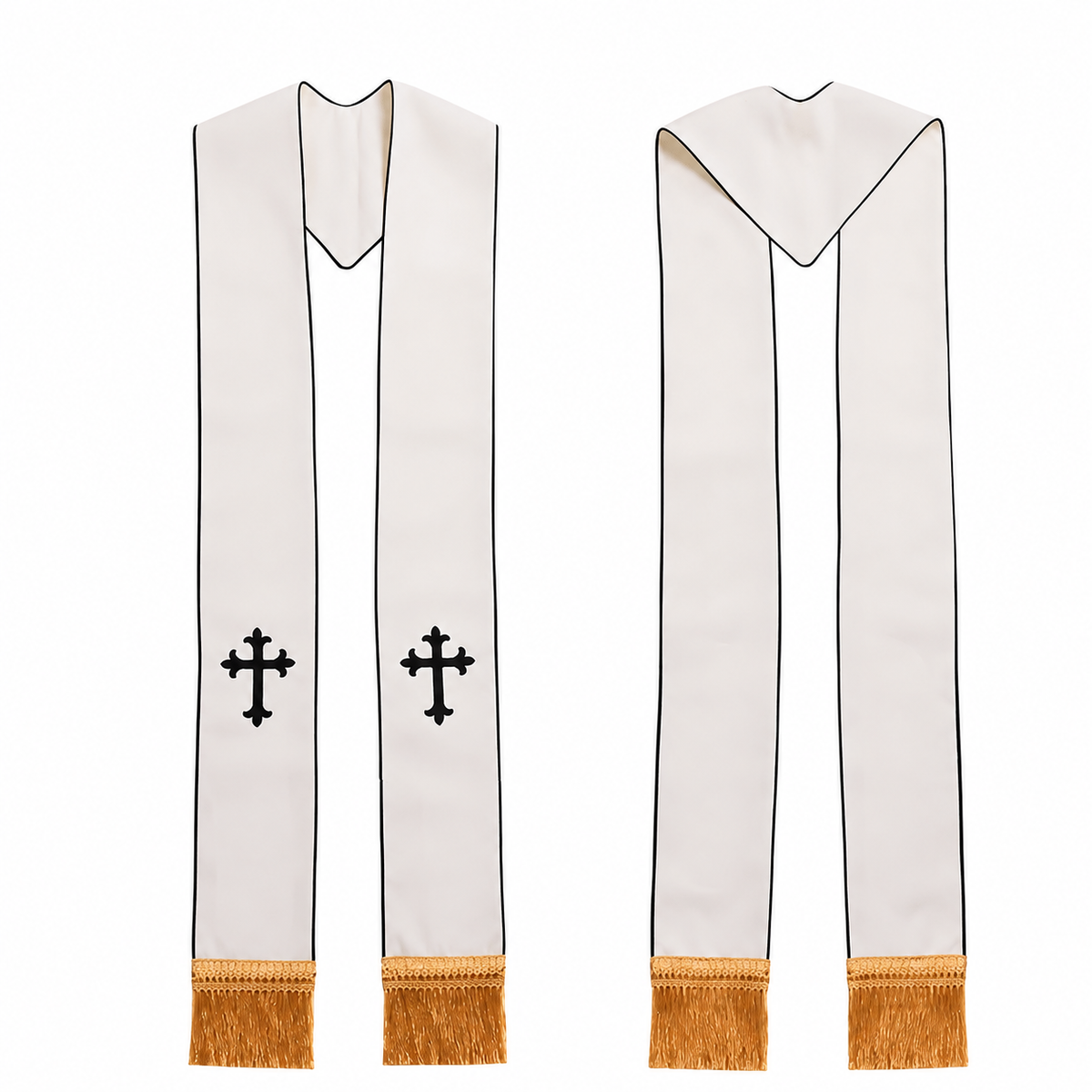 White clergy stole with black cross embroidery and gold fringe, drape and yoke style