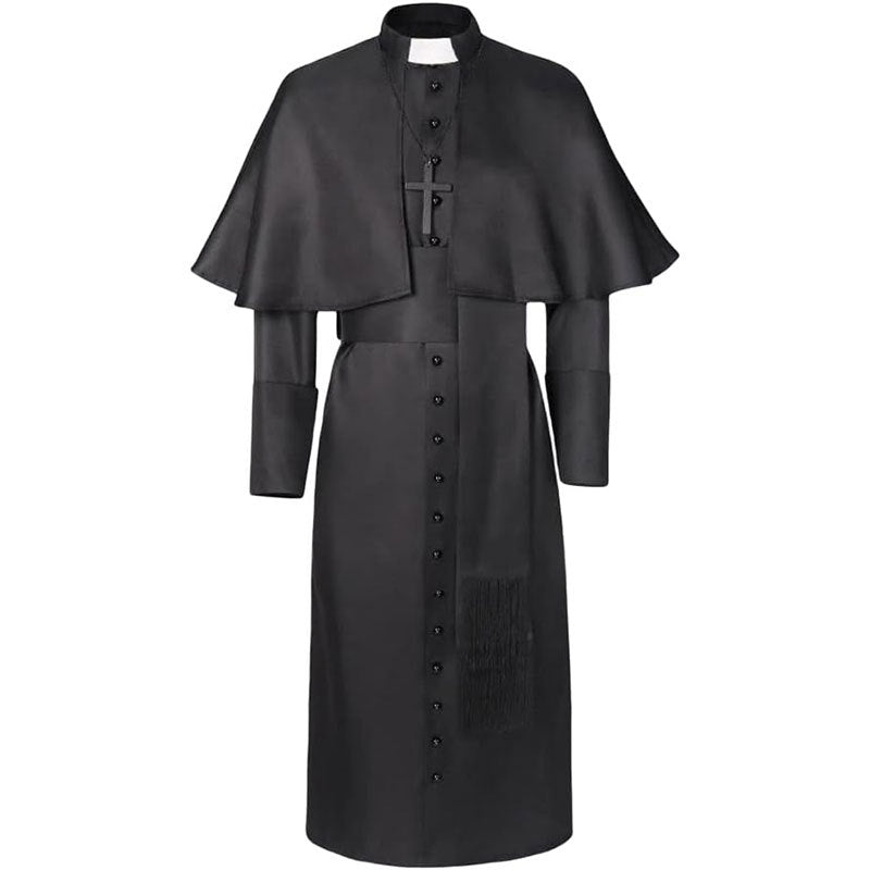 Black clergy cassock robe with shoulder cape, stand collar with clerical insert, front buttons, waist belt, and black cross pendant necklace