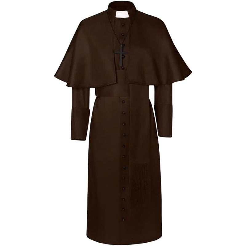 Brown monk cassock robe with shoulder cape, stand collar with clerical insert, front buttons, waist belt, and black cross pendant necklace