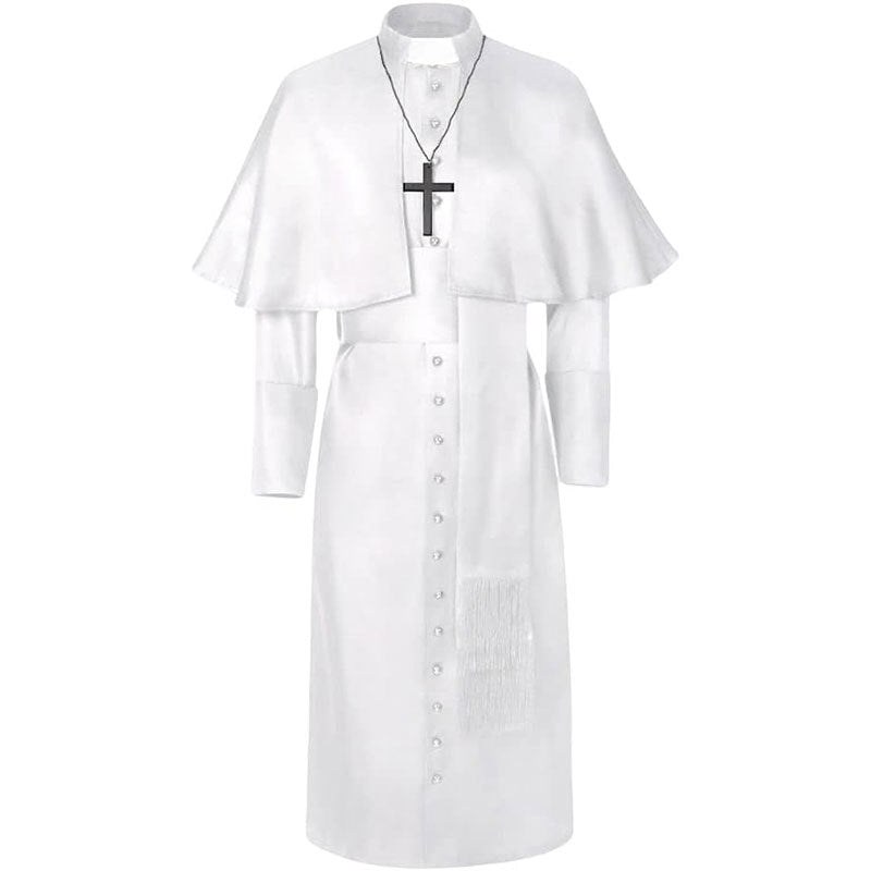 White Pope cassock robe with shoulder cape, stand collar with clerical insert, front buttons, waist belt, and black cross pendant necklace