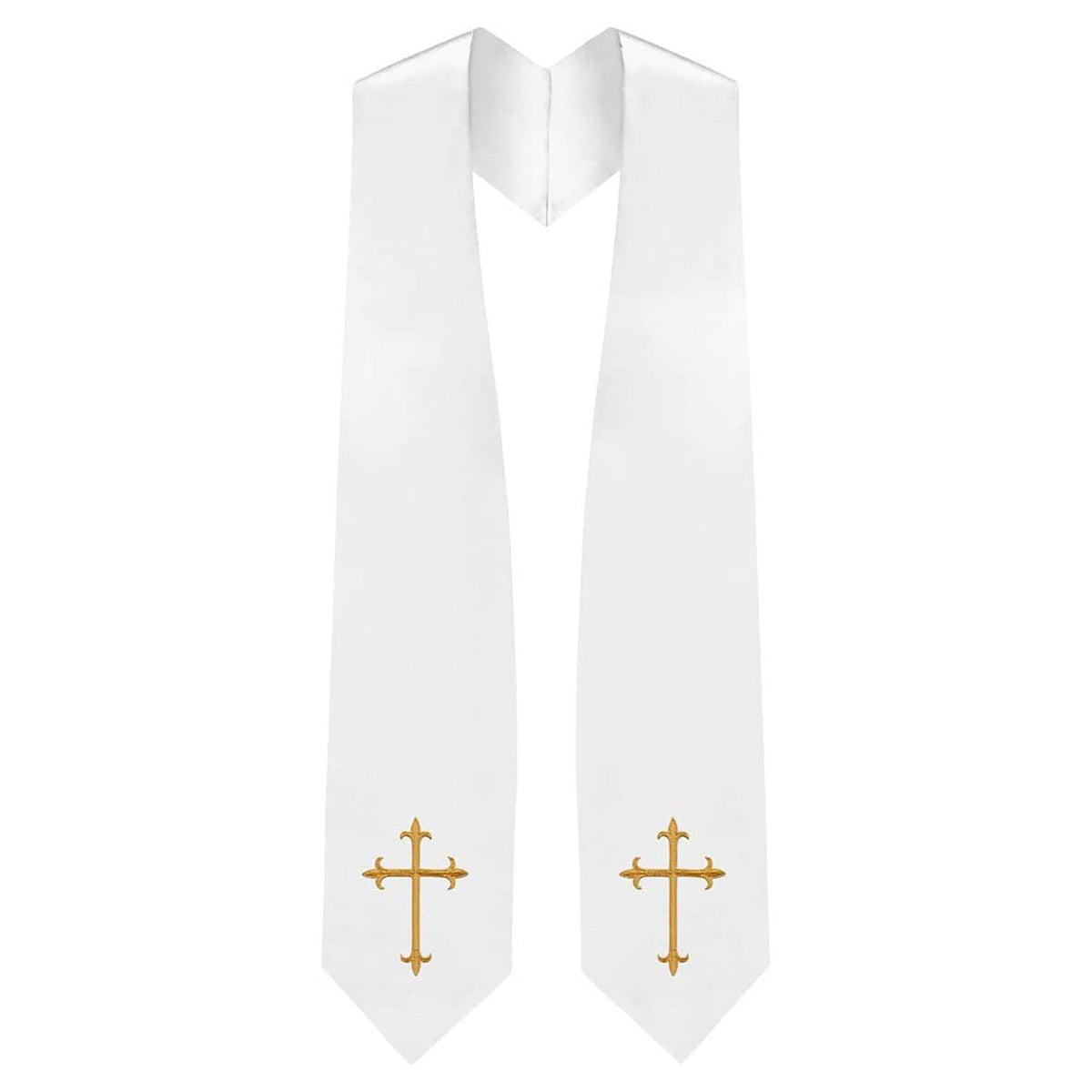 Forest green clergy graduation stole with gold cross embroidery on both panels