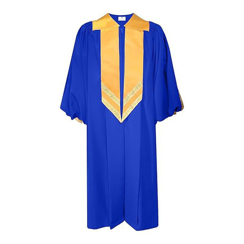 Royal blue choir robe with gold satin fold-over collar and V-shaped gold satin chest panel with gold embroidery trim, white background