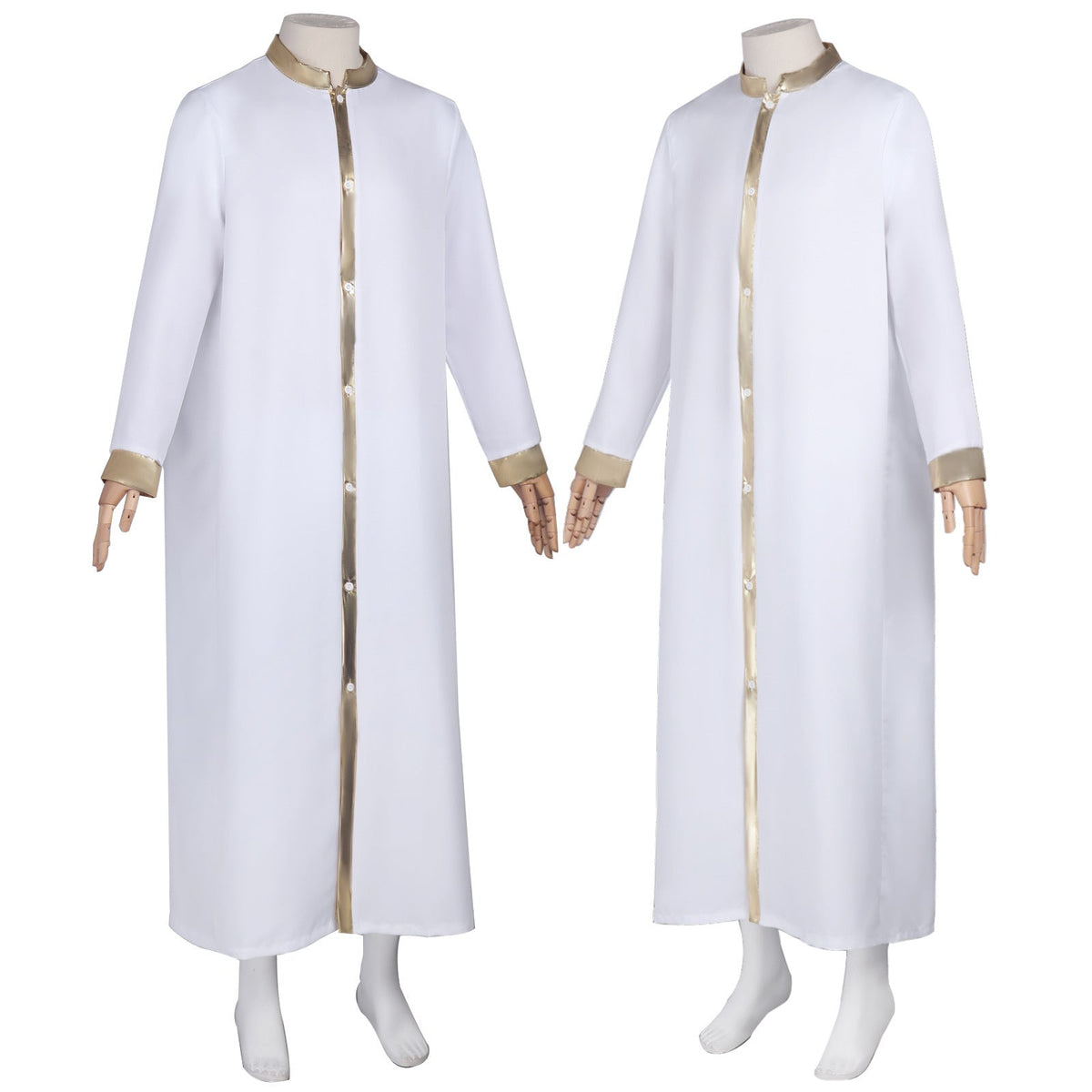 White clergy robe with gold satin trim on collar front placket and cuffs, front and back view on mannequin, white background