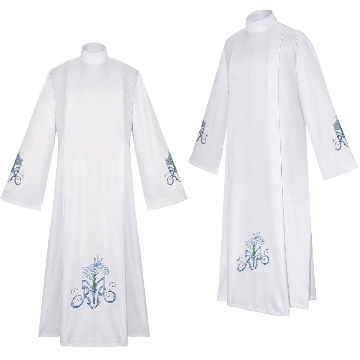 White Marian lily alb robe front and side view showing blue AM monogram lily embroidery on hem and sleeve cuffs, white background