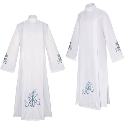 White Marian lily alb robe front and side view showing blue AM monogram lily embroidery on hem and sleeve cuffs, white background