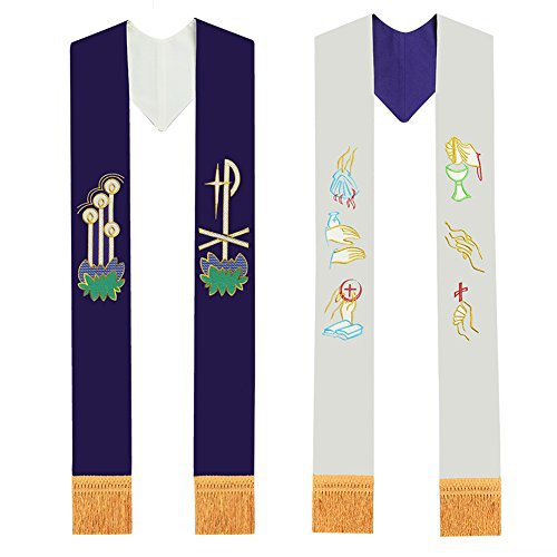 Reversible clergy stole showing purple side with Chi-Rho and candle embroidery and white side with chalice and praying hands embroidery, gold tassels, white background