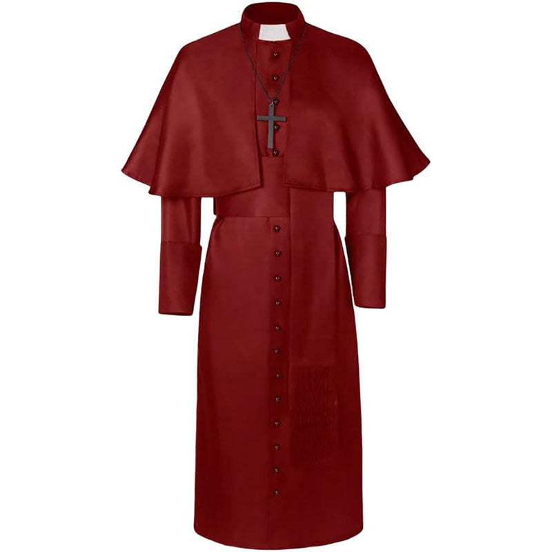 Dark red Cardinal cassock robe with shoulder cape, stand collar with clerical insert, front buttons, waist belt, and black cross pendant necklace