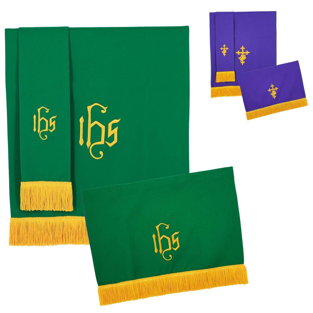 Reversible church pulpit set detail showing green IHS pulpit scarf and banners with gold fringe and purple cross embroidery version, white background