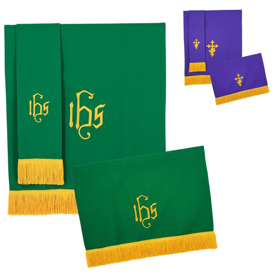 Reversible church pulpit set detail showing green IHS pulpit scarf and banners with gold fringe and purple cross embroidery version, white background