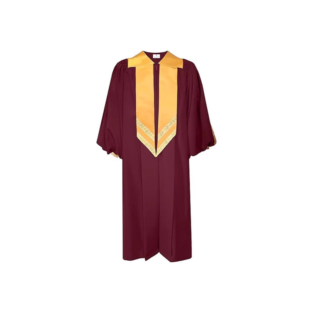 Maroon choir robe with gold satin fold-over collar and V-shaped gold satin chest panel with gold embroidery trim, white background