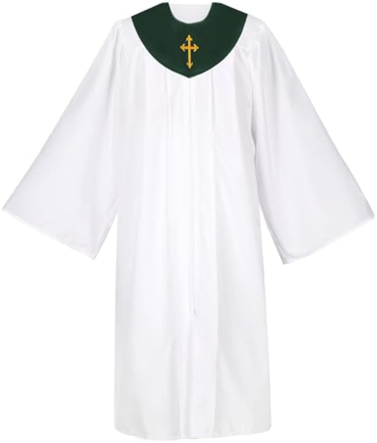 White Church Choir Robe with Purple V-Neck Yoke and Gold Cross Embroidery