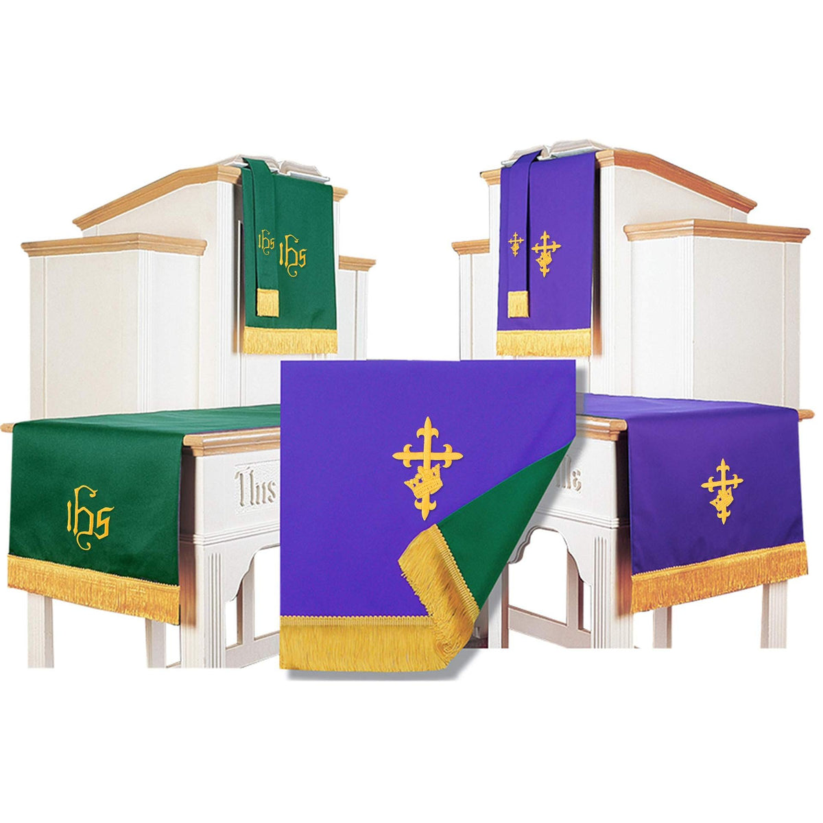 Reversible church pulpit set 3-piece showing green IHS and purple cross gold embroidery on pulpit and lectern, gold fringe, white background