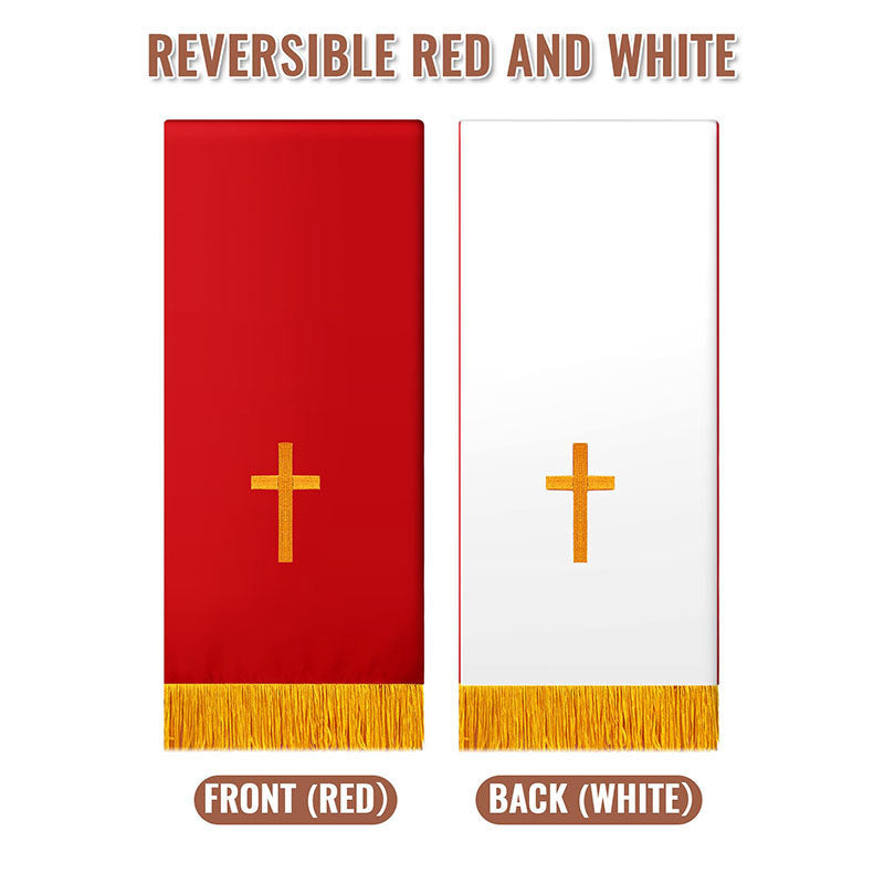 Reversible Red White Clergy Stole Front Back View with Gold Cross and Gold Fringe