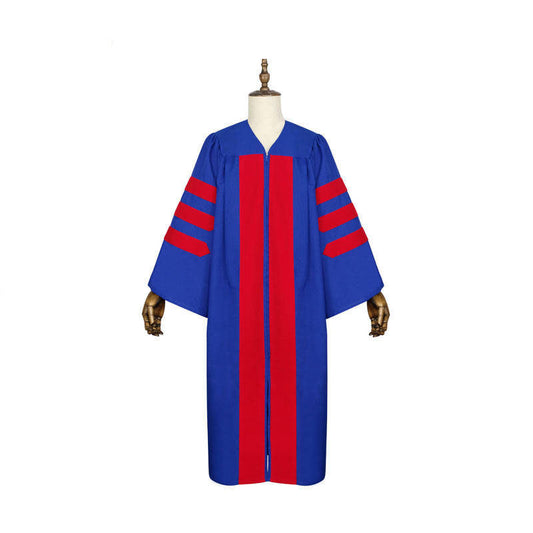 Royal blue doctoral gown front view on mannequin showing red velvet center chest panel and three red velvet bar stripes on wide sleeves, white background