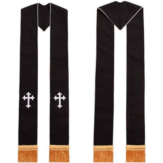 Black clergy stole with red floret cross embroidery and red edge piping and gold fringe, front and back view, white background
