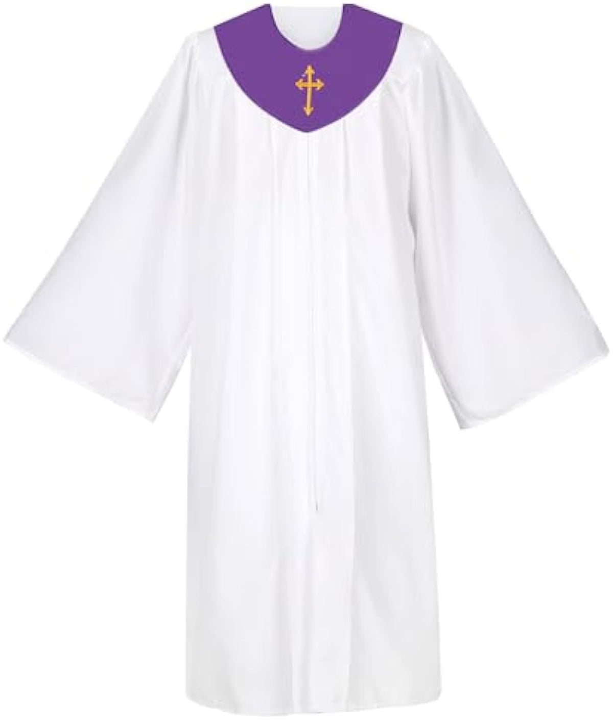White Church Choir Robe with Gold Yellow V-Neck Yoke and Gold Cross Embroidery