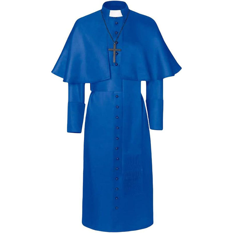 Blue Bishop cassock robe with shoulder cape, stand collar with clerical insert, front buttons, waist belt, and black cross pendant necklace