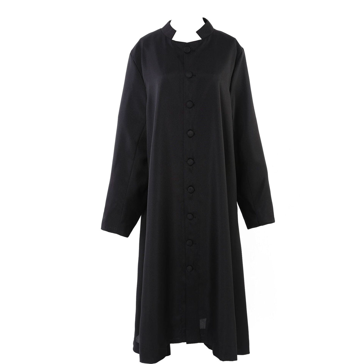 Black matte choir robe with stand collar front buttons and A-line flared hem, pure white background