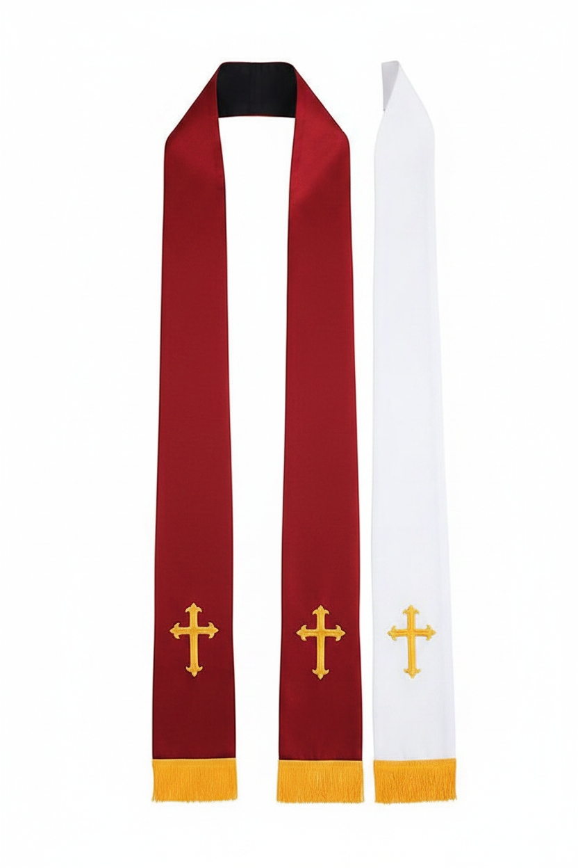 Reversible Clergy Stole with Gold Cross Embroidery & Gold Fringe | 5 Colors - Graduation Seller