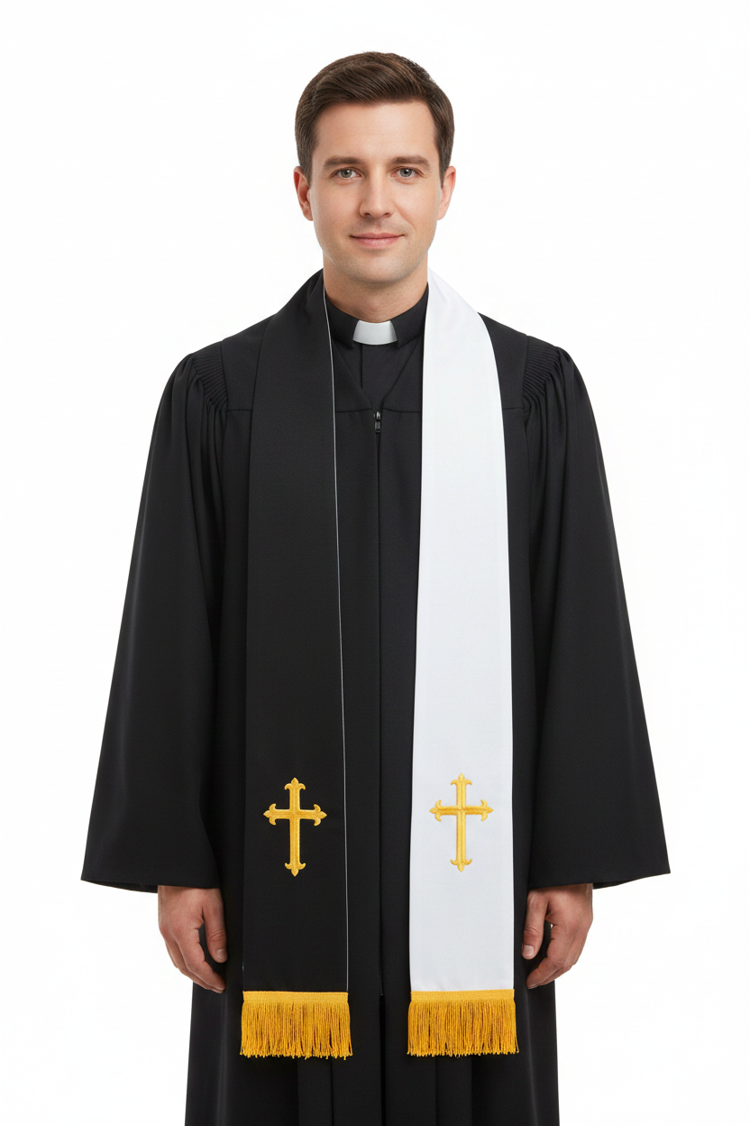Reversible Clergy Stole with Gold Cross Embroidery & Gold Fringe | 5 Colors - Graduation Seller