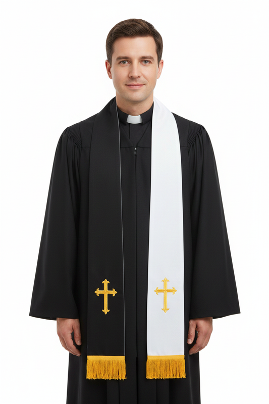Reversible Clergy Stole with Gold Cross Embroidery & Gold Fringe | 5 Colors - Graduation Seller