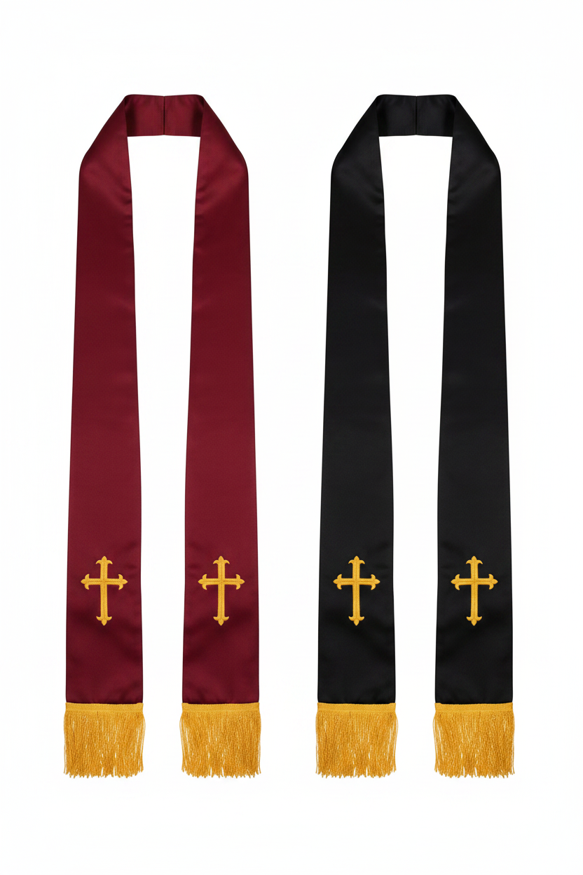 Reversible Clergy Stole with Gold Cross Embroidery & Gold Fringe | 5 Colors - Graduation Seller