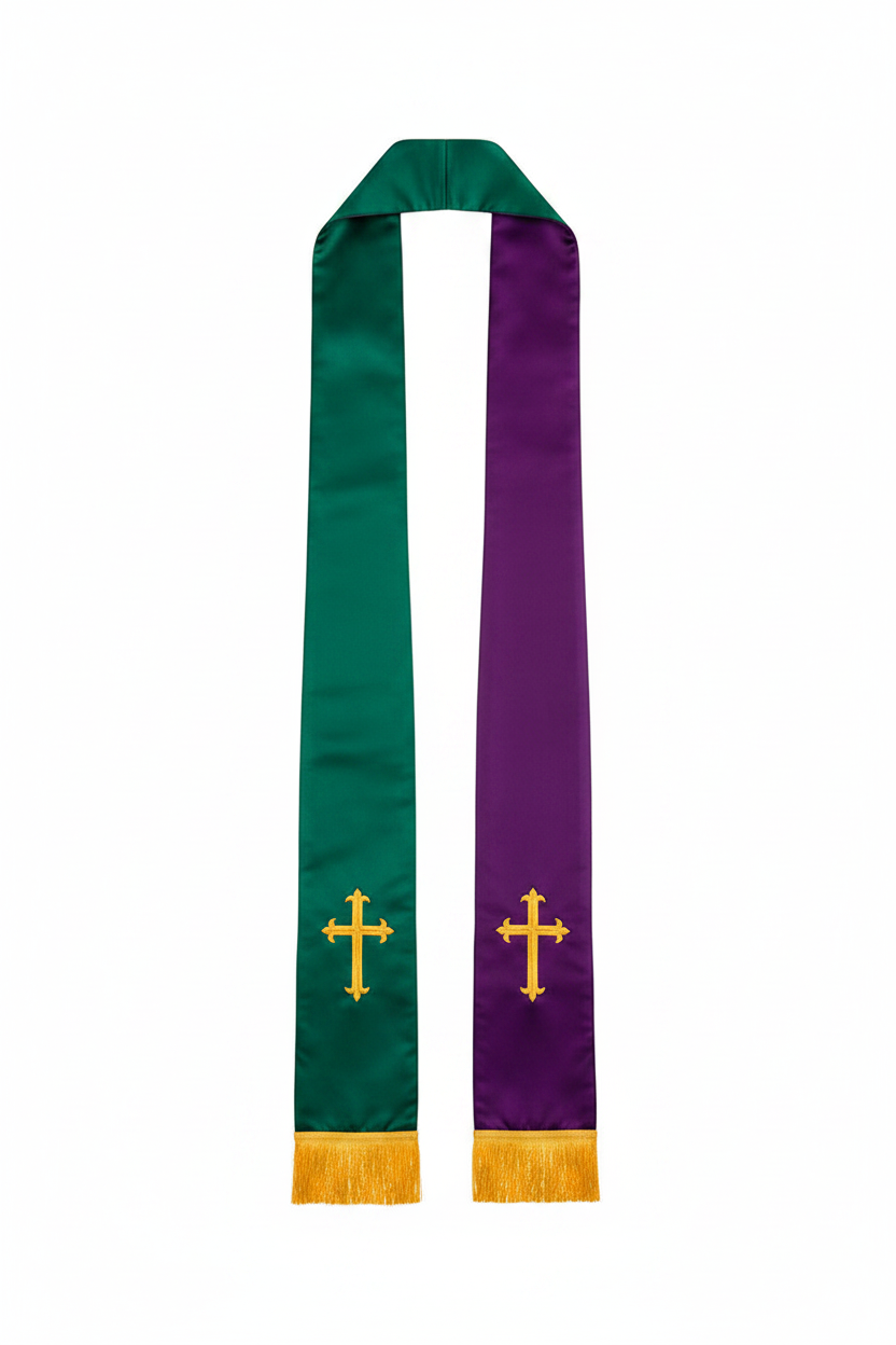 Reversible Clergy Stole with Gold Cross Embroidery & Gold Fringe | 5 Colors - Graduation Seller