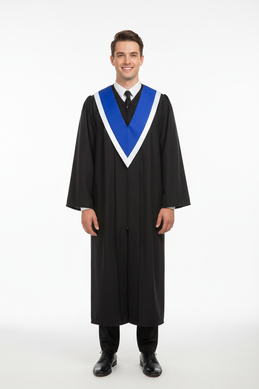 Male model wearing royal blue and white two-tone graduation V-stole over black gown, full body front view, white background