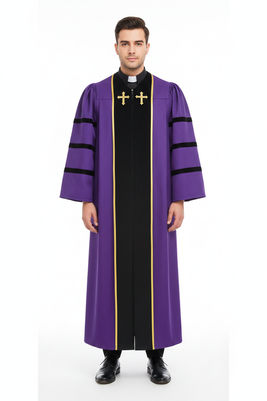 Model wearing purple clergy robe with black center panel gold trim and cross embroidery, full body front view, white background