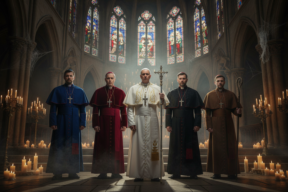 Group of cosplayers in medieval Pope and bishop cassock robes with capes in white blue dark red black and brown in gothic cathedral setting, cinematic Halloween atmosphere