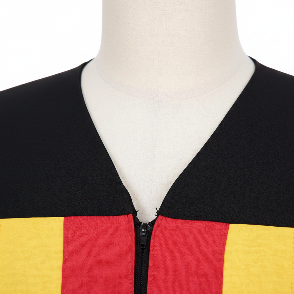Close-up detail of black choir robe V-neckline and top section of red and gold vertical stripe panels, macro shot, white background