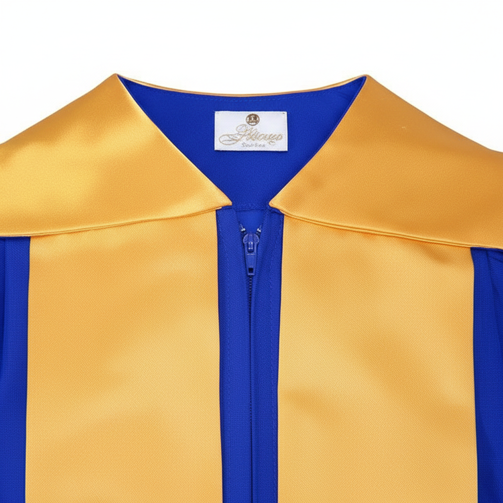 Close-up detail of royal blue choir robe showing gold satin fold-over collar and gold V-panel with embroidery trim, white background