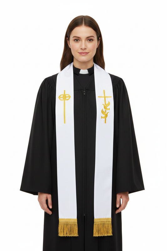 Pastor wearing White Clergy Stole with Gold Cross and Dove Embroidery