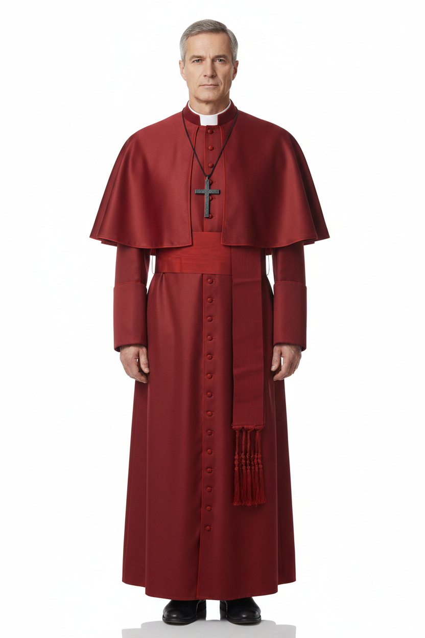 Male model wearing dark red Cardinal cassock robe with shoulder cape and cross pendant necklace, full body front view, white background
