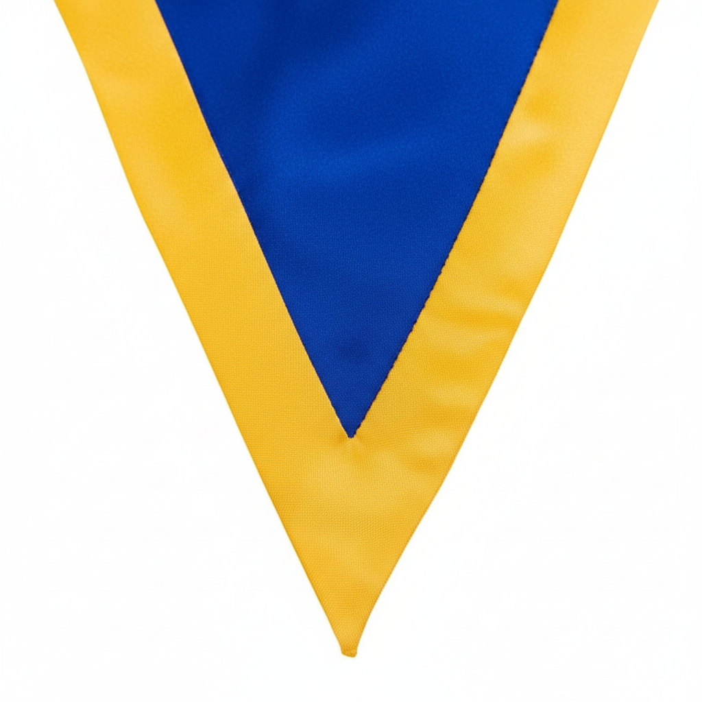 Close-up detail of royal blue and gold two-tone V-stole showing sharp V-point and satin texture, white background