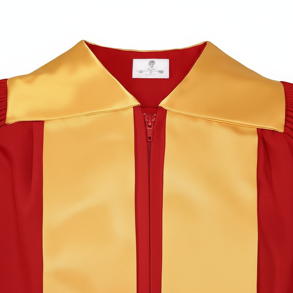 Close-up detail of choir robe showing gold satin fold-over collar, center zipper and top of gold V-panel with embroidery, white background