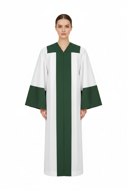 Female model wearing white and green choir robe with bell sleeves and green yoke collar, full body front view, white background