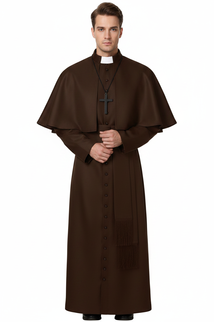 Male model wearing dark brown medieval bishop cassock robe with shoulder cape and cross necklace, full body front view, white background