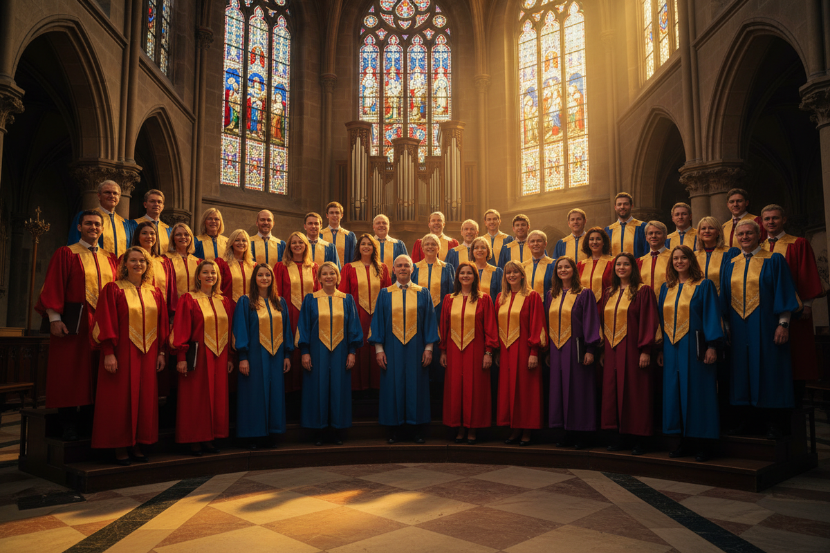 Church choir group wearing red blue maroon and purple choir robes with gold V-panels in cathedral with stained glass, cinematic atmosphere