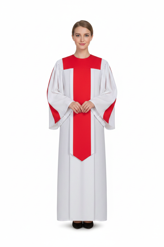 Female model wearing white and red two-tone choir robe, full body front view, white background