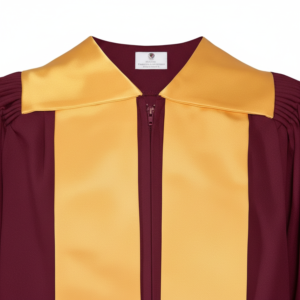 Close-up detail of maroon choir robe showing gold satin fold-over collar and gold V-panel with embroidery trim, white background