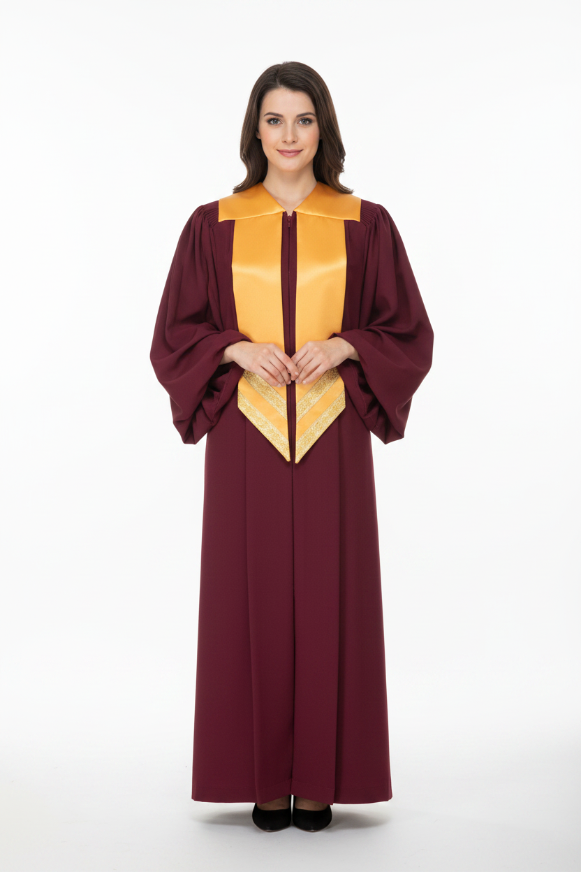 Female model wearing maroon choir robe with gold satin collar and V-panel, full body front view, white background