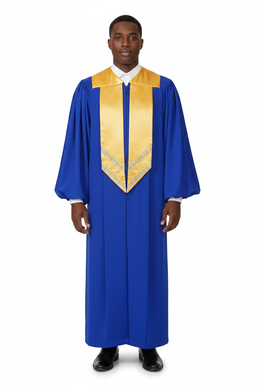 Male model wearing royal blue choir robe with gold satin collar and V-panel, full body front view, white background